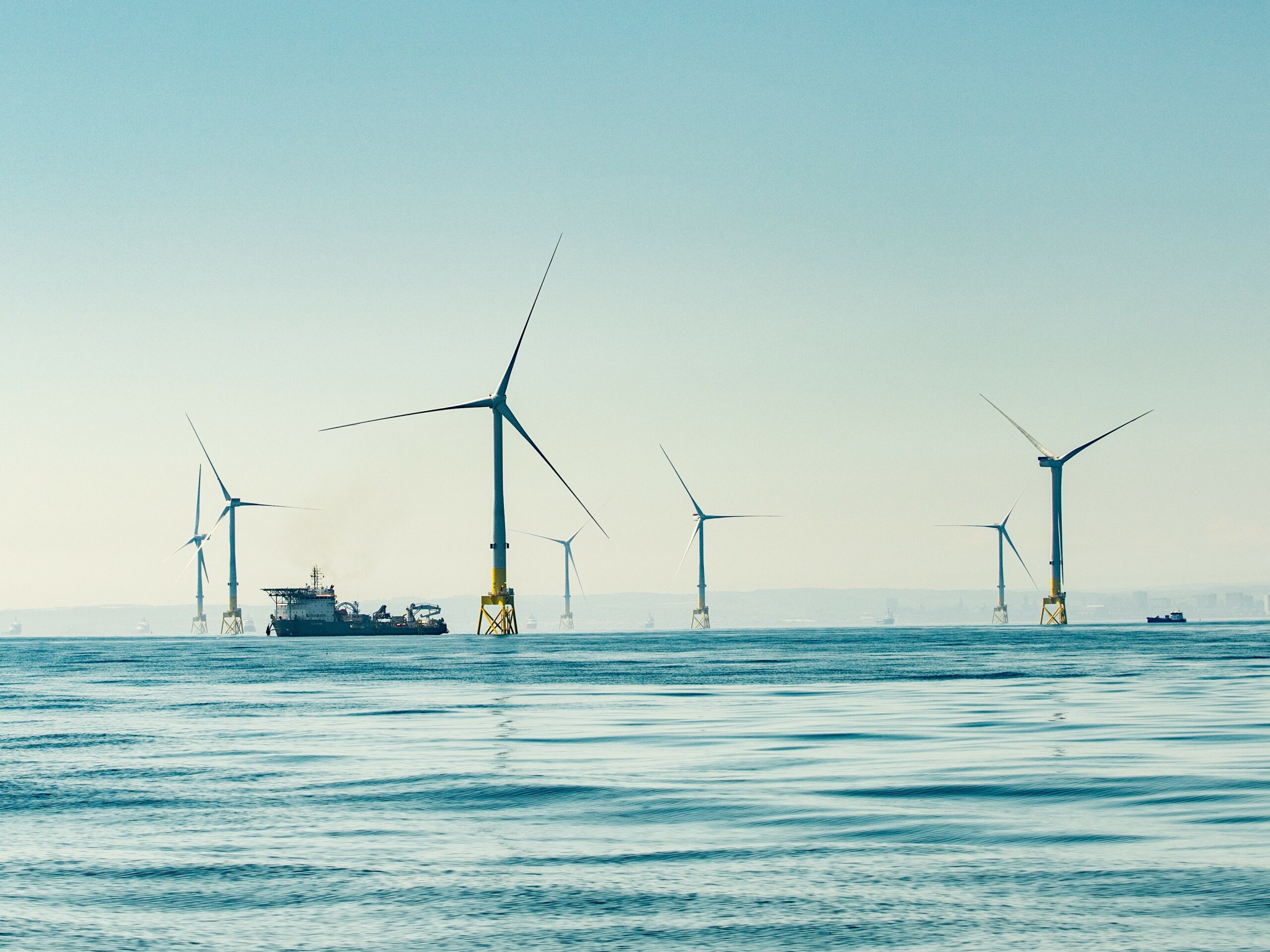 A vessel on the horizon surrounded by offshore wind turbines